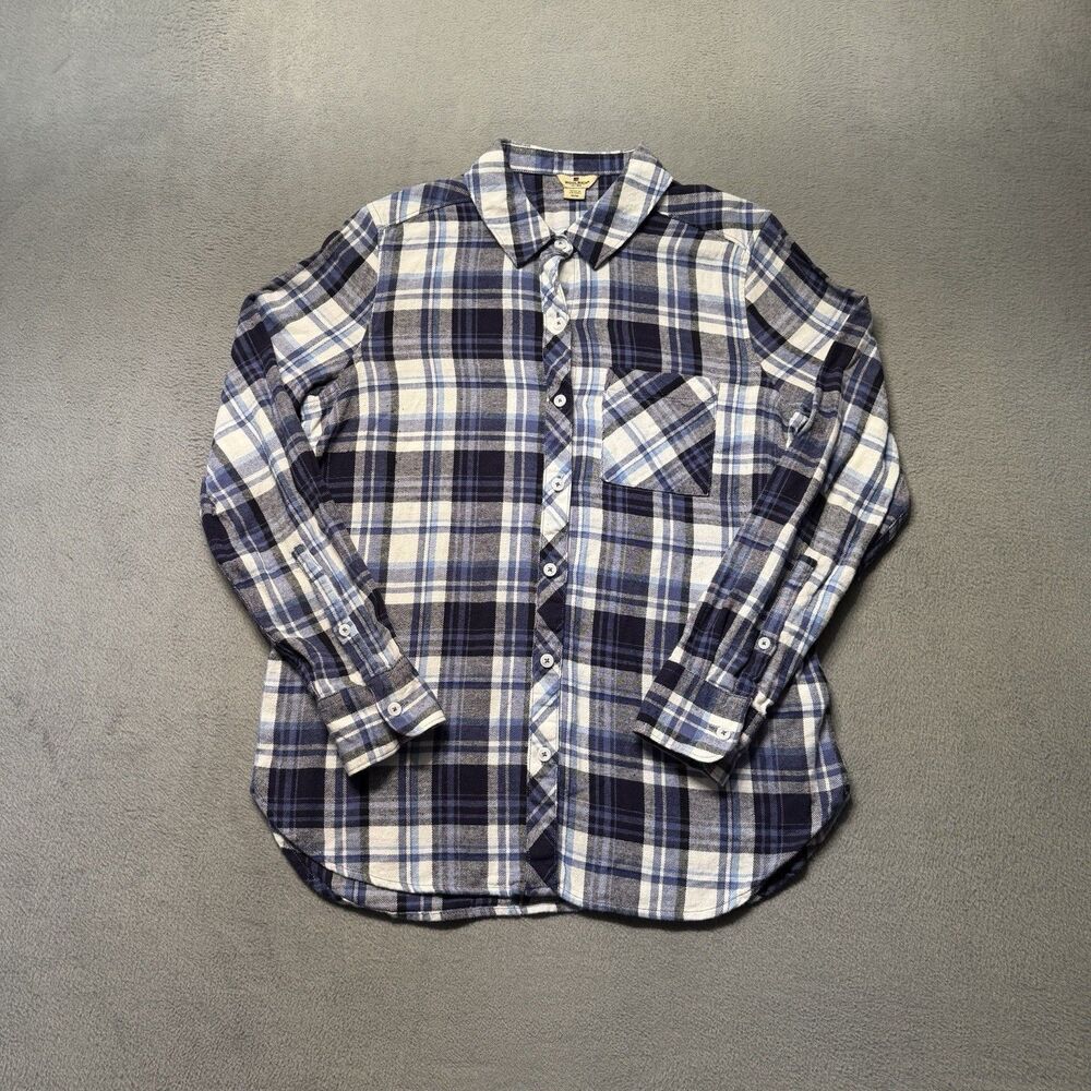 Woolrich Women’s Medium Blue Plaid Flannel Button Up Shirt Long Sleeve Outdoor